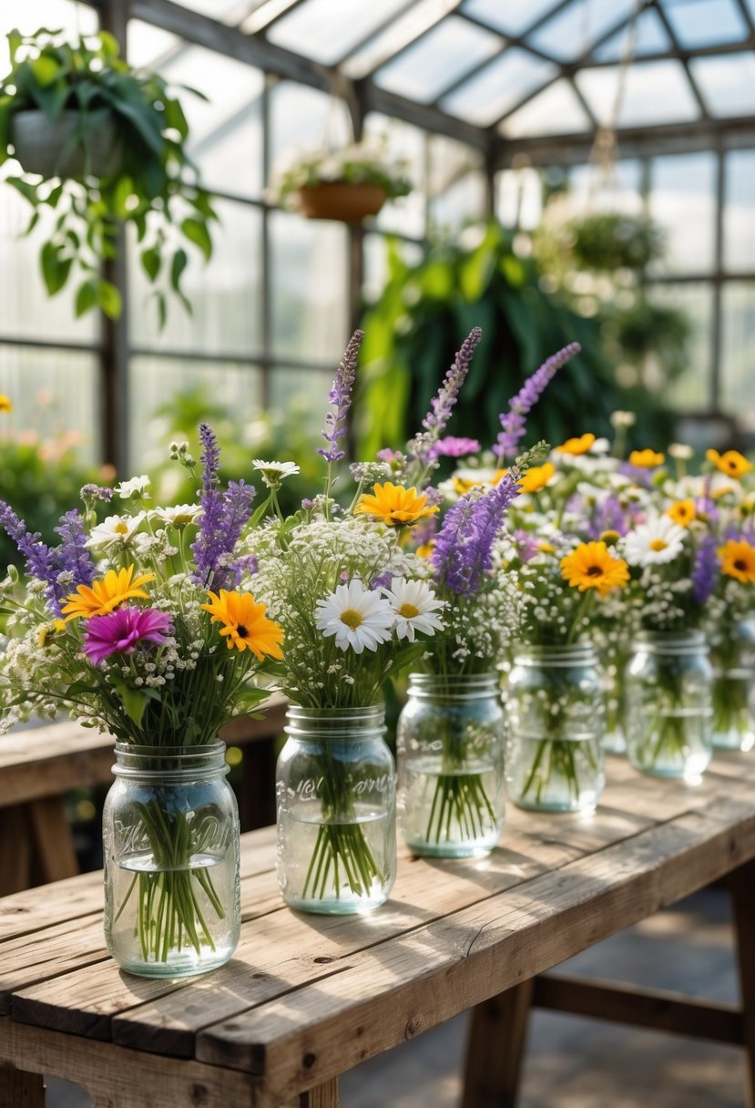 Mason jars filled with colorful wildflower bouquets arranged on wooden tables inside a greenhouse.
