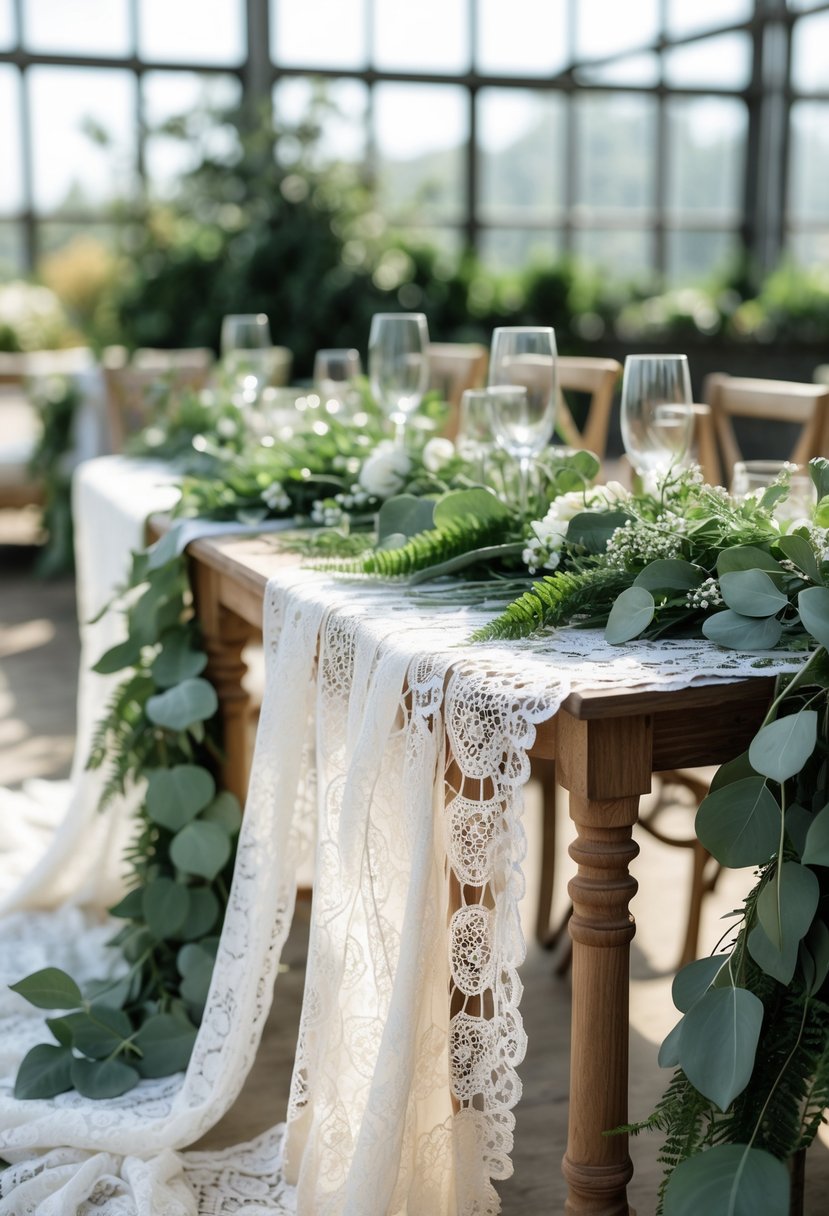 Wedding tables covered with white lace tablecloths and decorated with green leafy garlands inside a bright greenhouse.