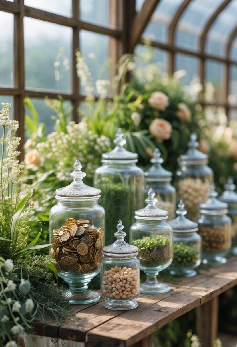 Antique apothecary jars filled with small items arranged on a wooden table surrounded by green plants and flowers.