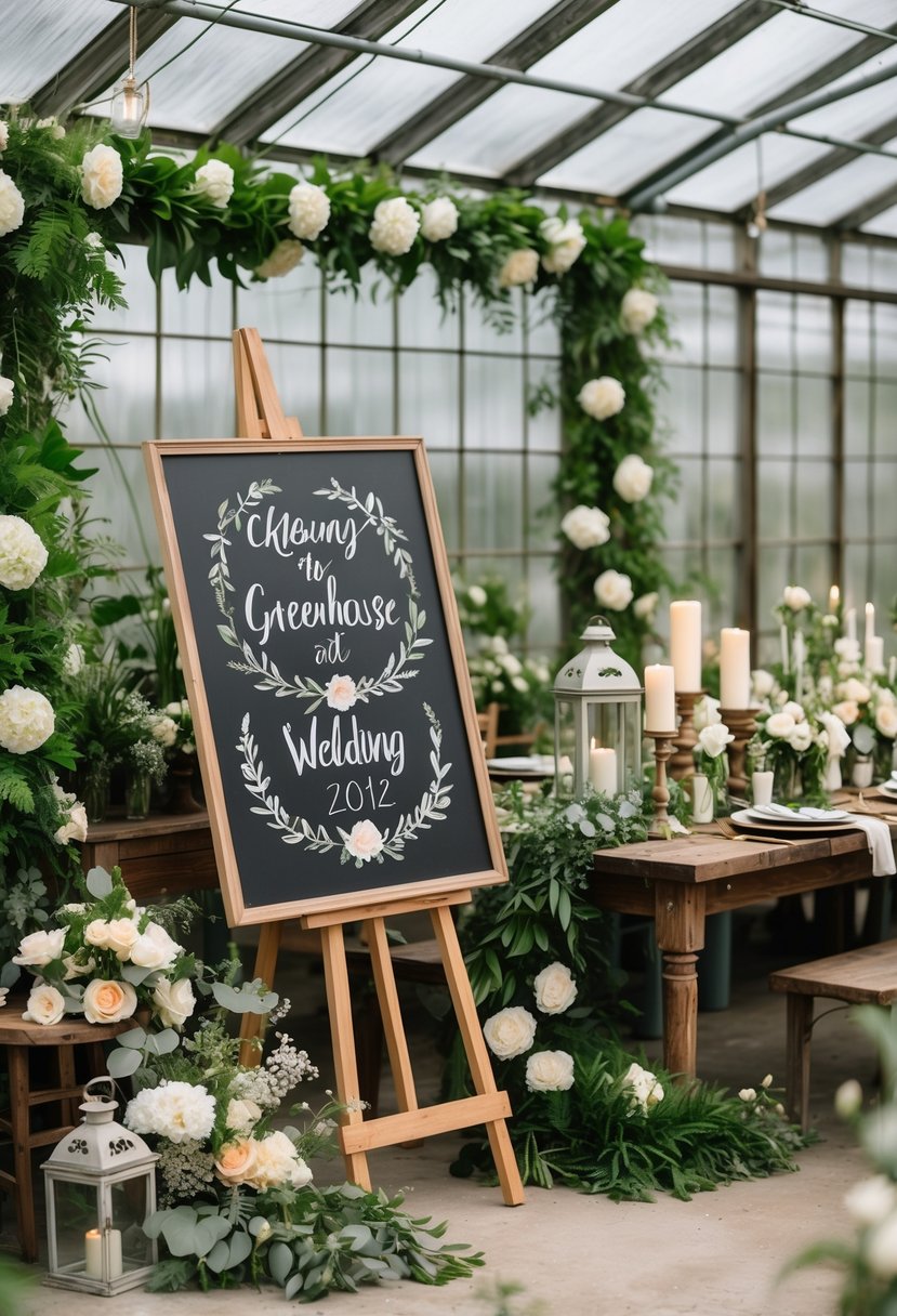 A greenhouse wedding setup with chalkboard signs surrounded by plants, flowers, candles, and rustic wooden tables.