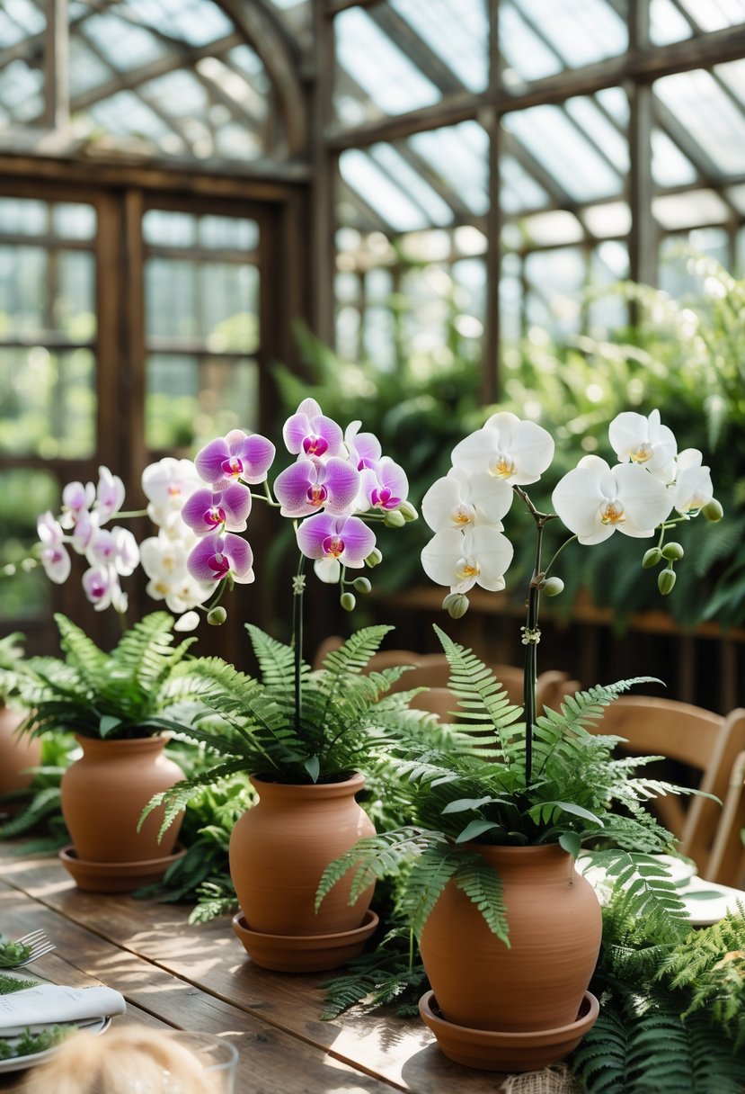 Orchid and fern plants in terracotta pots arranged as centerpieces on a wooden table inside a greenhouse.