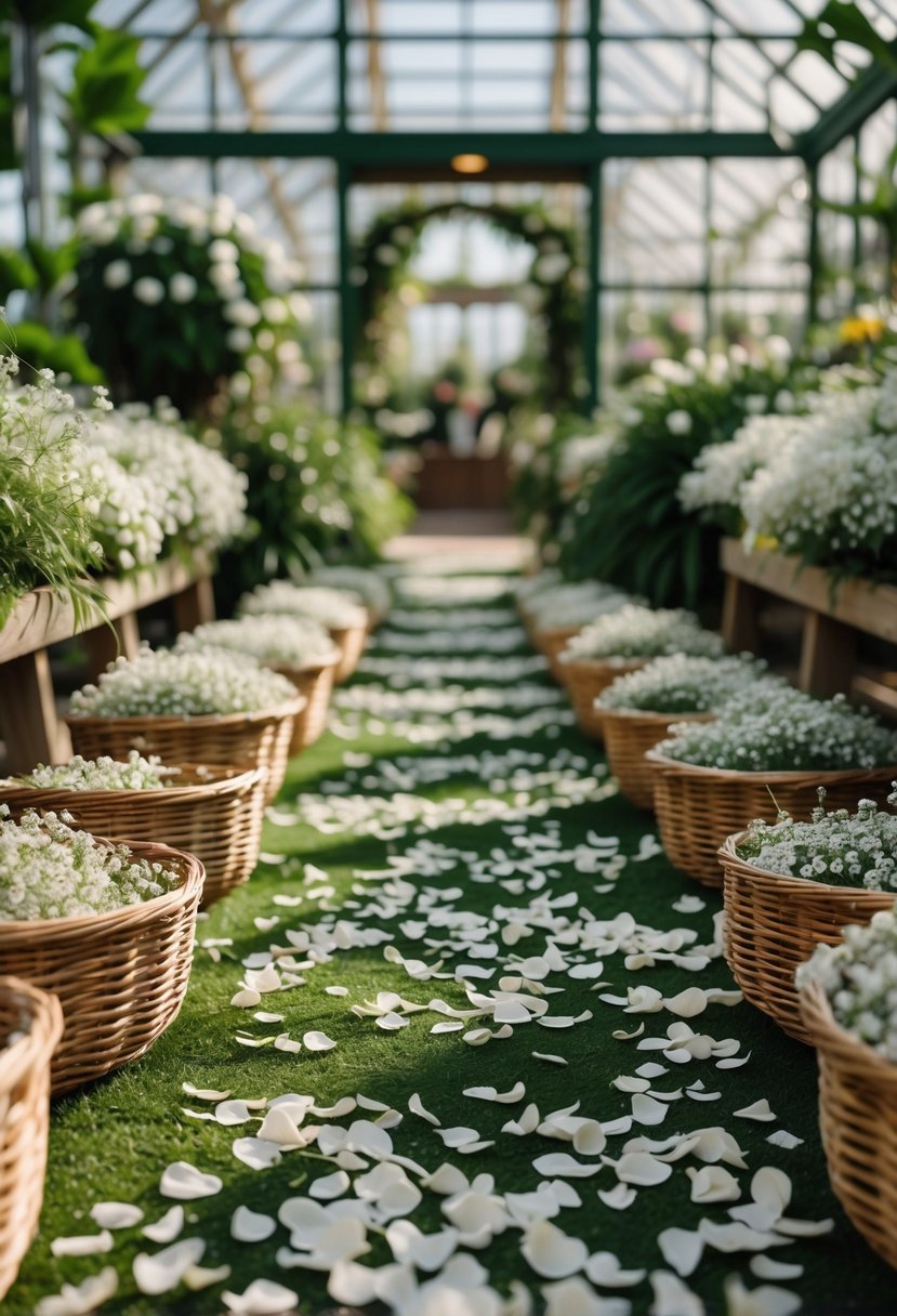 Wicker baskets filled with flower petals arranged along a wedding aisle surrounded by green plants.