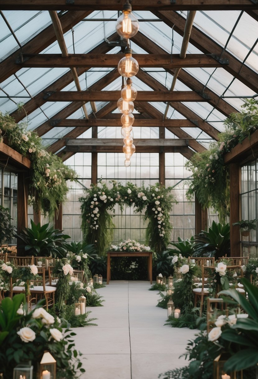 Edison bulb chandeliers hanging from wooden beams inside a greenhouse decorated with green plants and flowers for a wedding.
