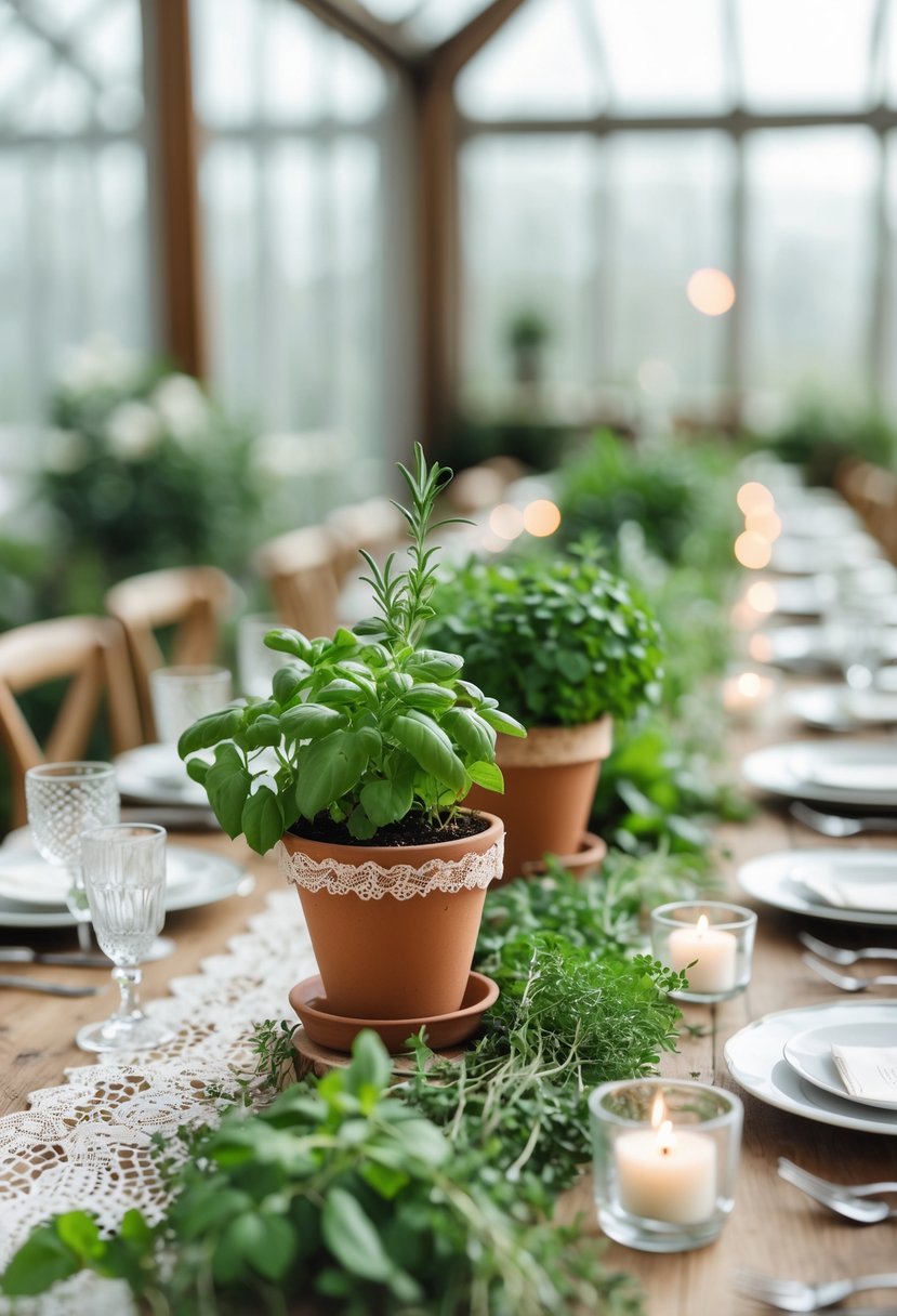 A wedding table decorated with small potted herb plants arranged as keepsakes, surrounded by candles and simple place settings in a bright greenhouse setting.