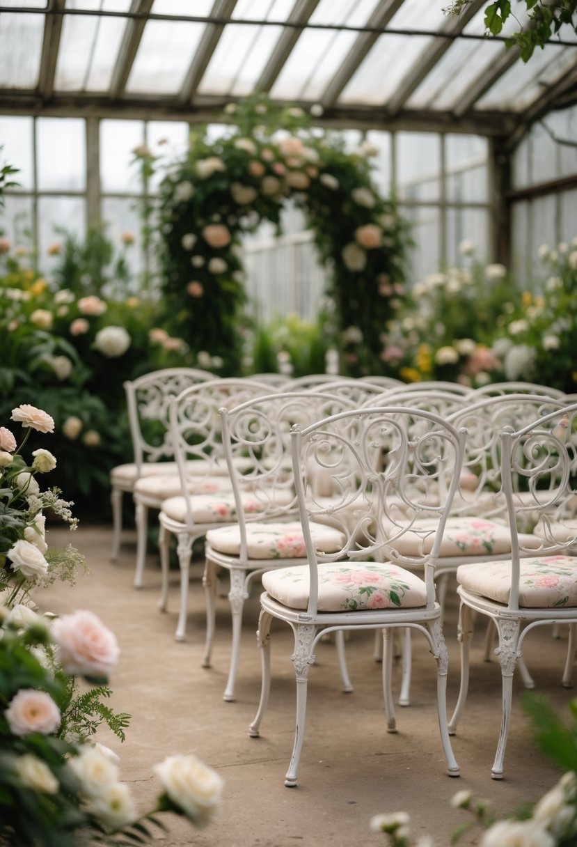 White wrought iron chairs with floral cushions arranged in a greenhouse surrounded by plants and flowers.