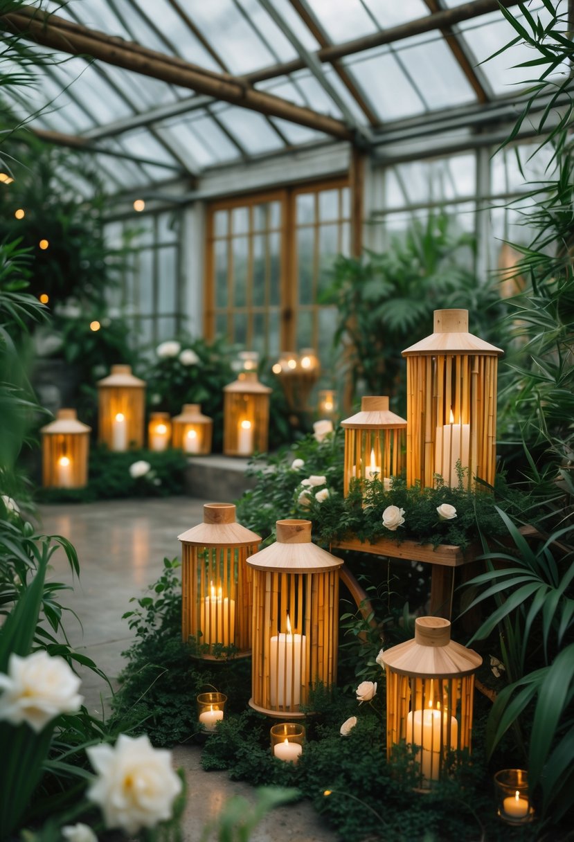 Bamboo lanterns with glowing candles arranged among green plants inside a greenhouse decorated for a wedding.