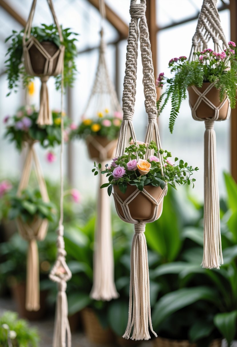 Several macrame plant hangers holding green plants and colorful flowers hanging indoors with soft natural light.