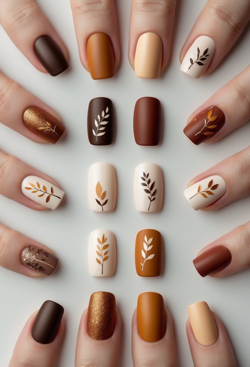 A collection of 18 hands showing different fall-themed nail designs in warm autumn colors on a neutral background.