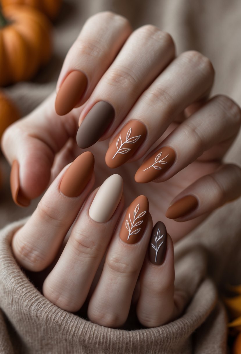 Close-up of hands with warm earthy tone matte nails featuring simple fall-inspired designs.