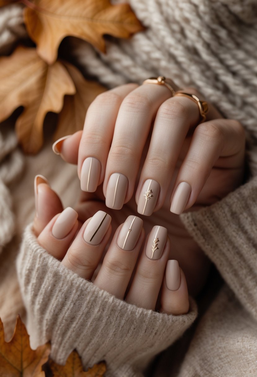 Close-up of a woman's hands showing 18 fall-themed nails with neutral colors and gold accents resting on a warm autumnal background.
