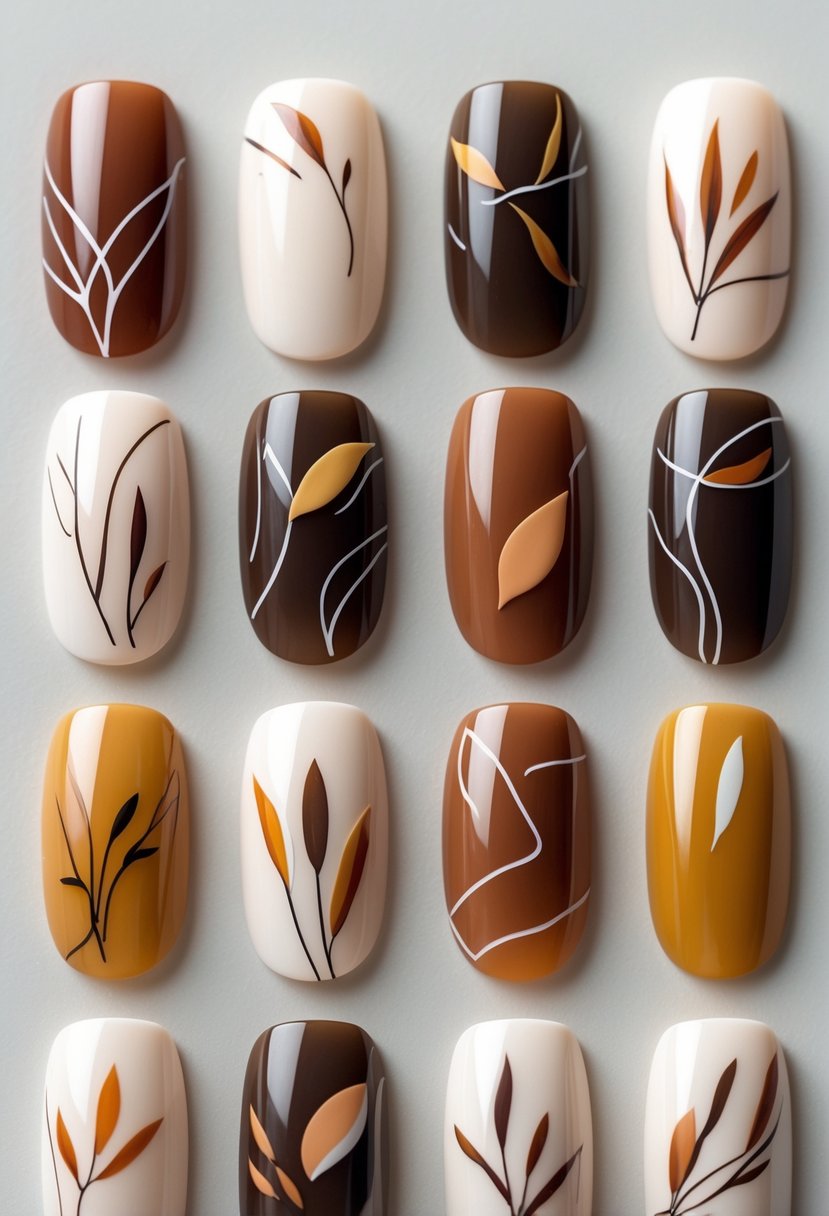 Eighteen hands with minimalist fall-themed nail designs featuring abstract line art in warm autumn colors displayed on a neutral background.