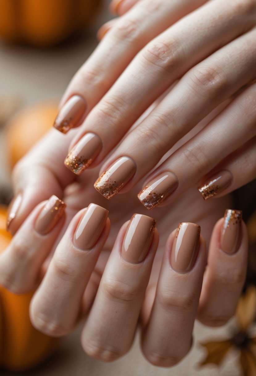 Close-up of two hands with short square nails painted in warm fall colors with subtle glitter accents.