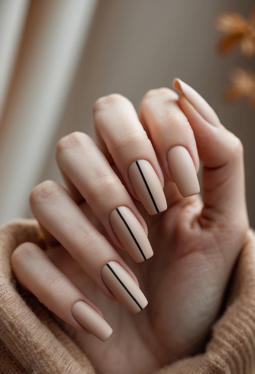 Close-up of a hand with beige nails, each nail featuring a single black stripe.