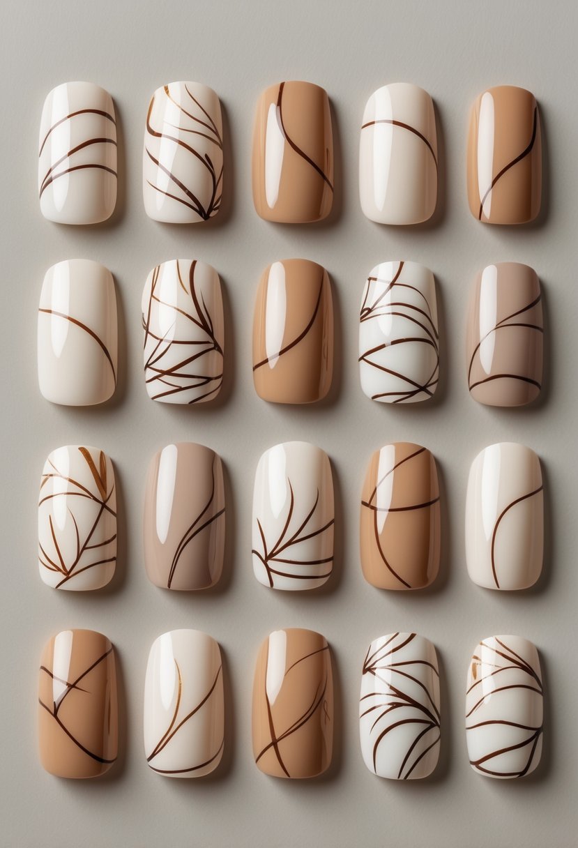 A collection of 18 fall-themed nails with thin brown line designs arranged on a neutral background.
