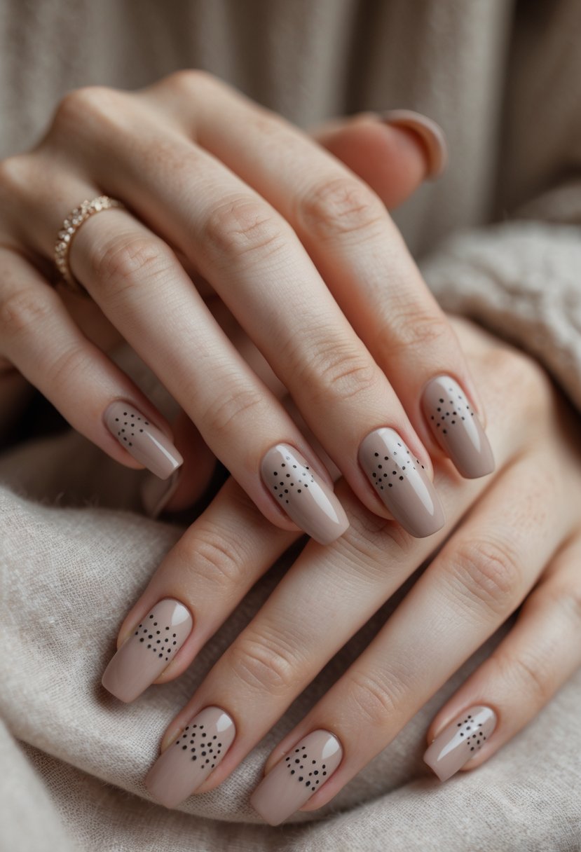 Close-up of hands with light taupe nails decorated with small dots against a neutral background.