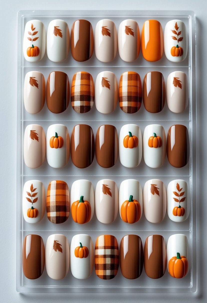 A set of 18 fall-themed nails with simple pumpkin designs displayed on a transparent base against a white background.