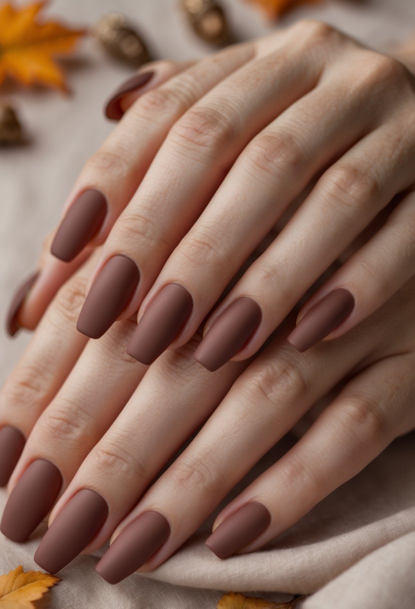 Close-up of hands with muted rust red matte nails resting on a neutral background with autumn leaves.