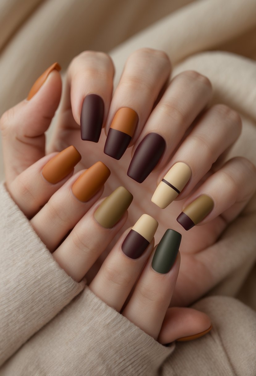 Close-up of hands with short nails painted in different fall colors arranged in geometric patterns.
