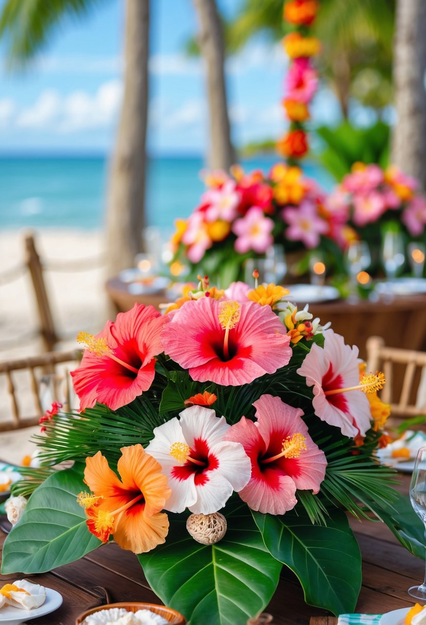 A vibrant arrangement of hibiscus flowers and tropical greenery as centerpieces on wooden tables at an outdoor Hawaiian wedding.