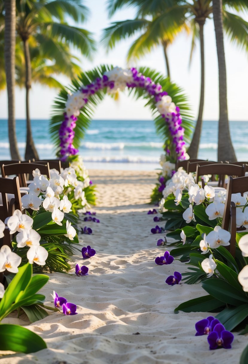 A wedding aisle on a Hawaiian beach decorated with cascading orchids and tropical greenery under soft sunlight.