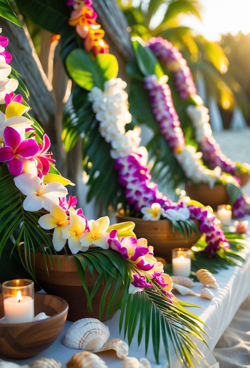 Traditional Hawaiian flower leis arranged for guests with tropical wedding decorations in a bright outdoor setting.