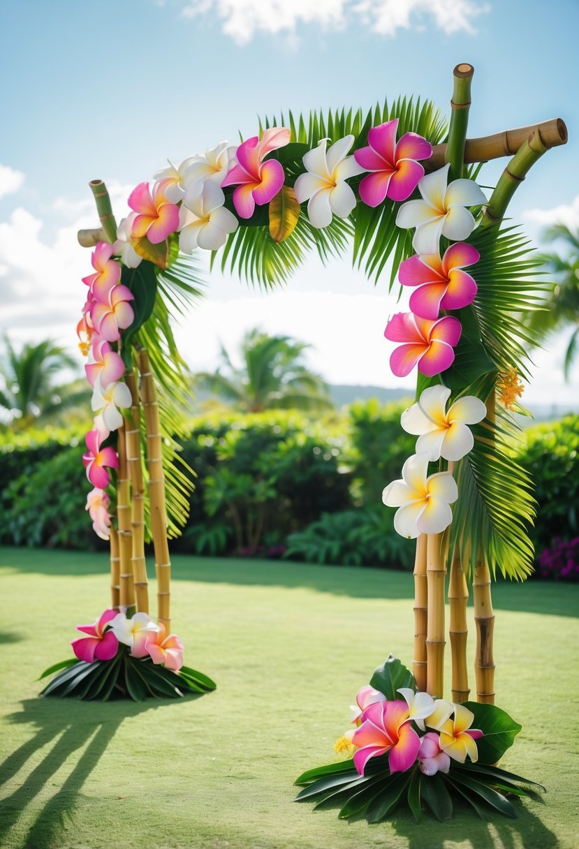 A bamboo arch decorated with colorful plumeria flowers set outdoors with tropical greenery in the background.