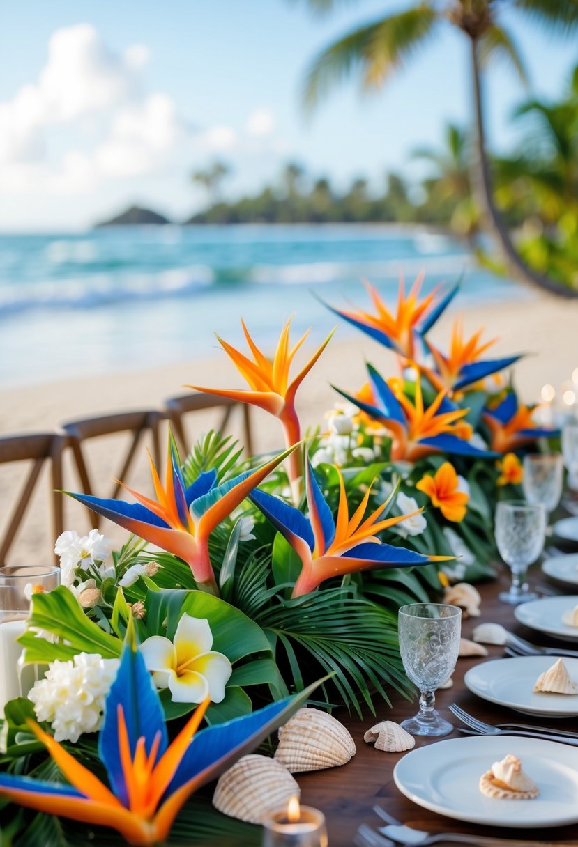 A wooden table decorated with bright Bird of Paradise flowers and tropical greenery, set outdoors near a beach with palm trees and calm ocean in the background.