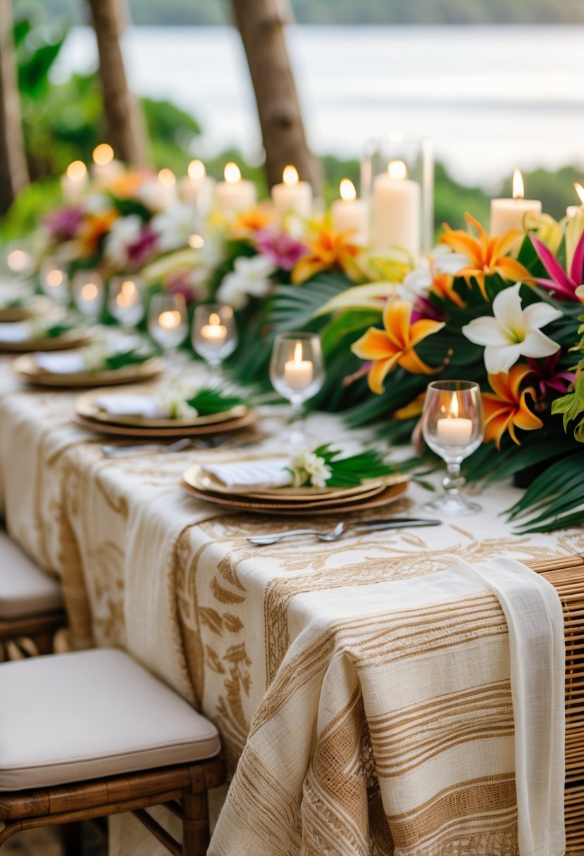A Hawaiian wedding table set with handwoven pandanus linens, tropical flowers, greenery, and candles in an outdoor setting.