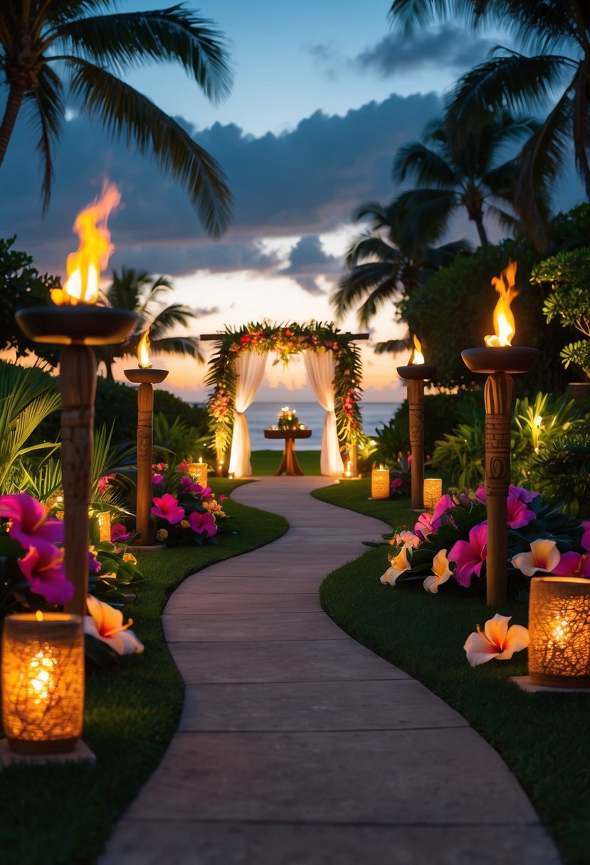 Pathway lined with lit tiki torches leading to a decorated wedding altar surrounded by tropical plants and flowers at sunset.