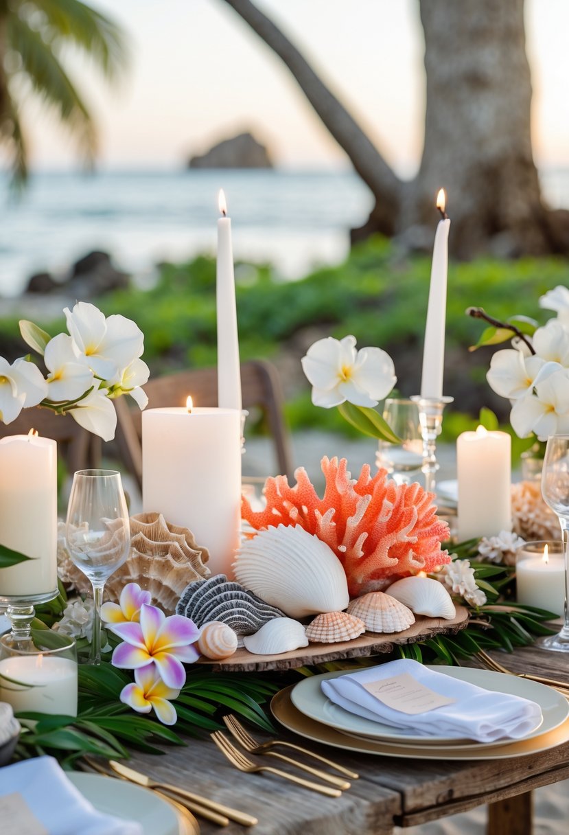 A table decorated with seashells, coral, tropical flowers, and candles in a beach setting.