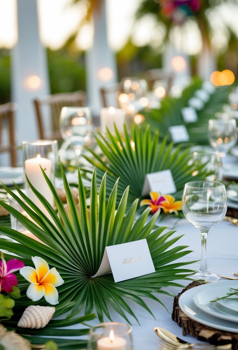 Wedding table with palm frond place card holders surrounded by tropical flowers and natural decorations.