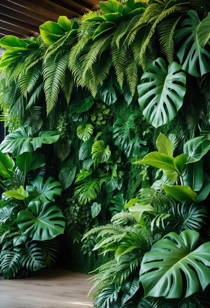 A vibrant green wall covered with ferns and monstera leaves creating a tropical wedding décor backdrop.