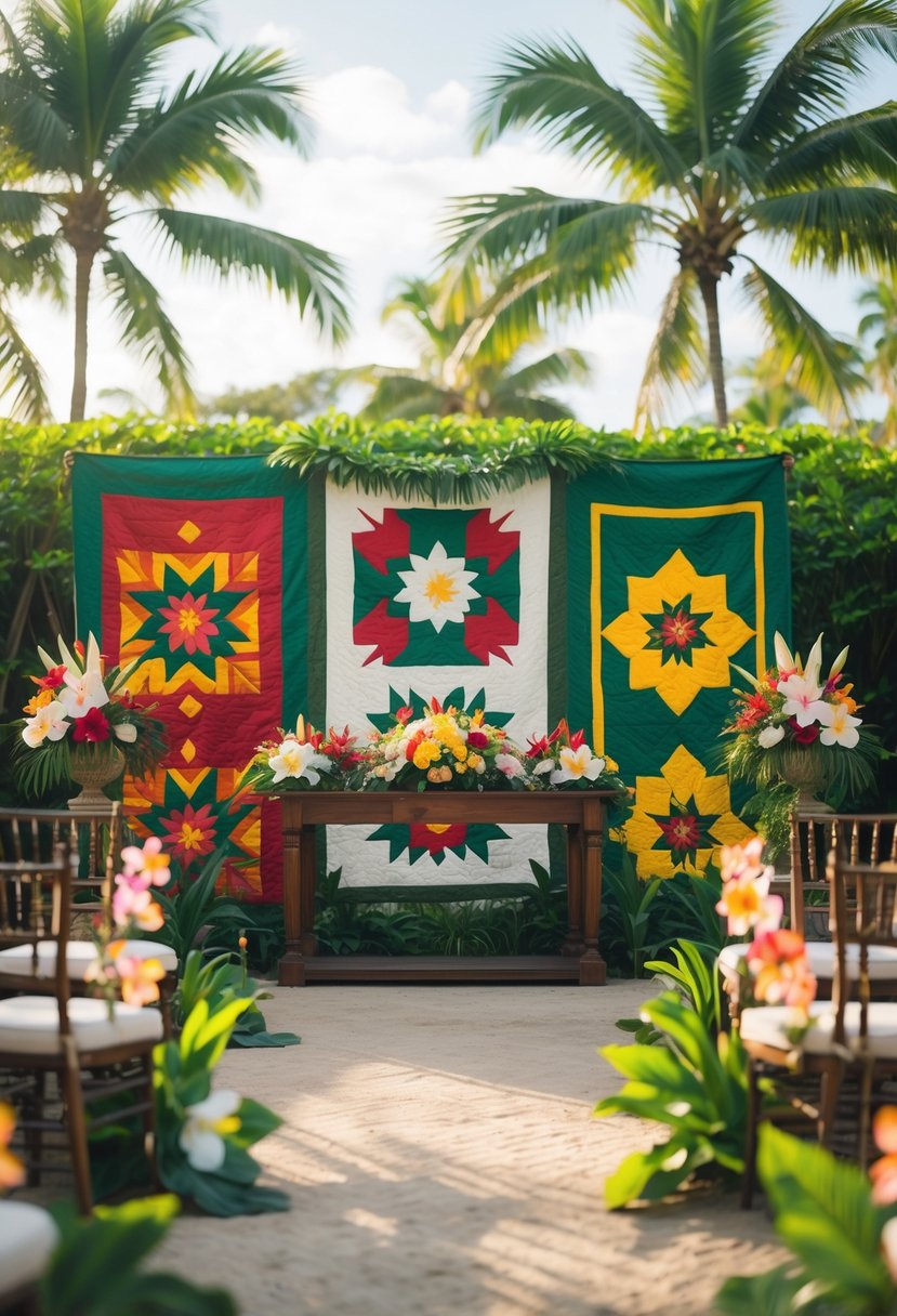 Outdoor wedding altar with colorful Hawaiian quilts as backdrops, surrounded by tropical plants and flowers.