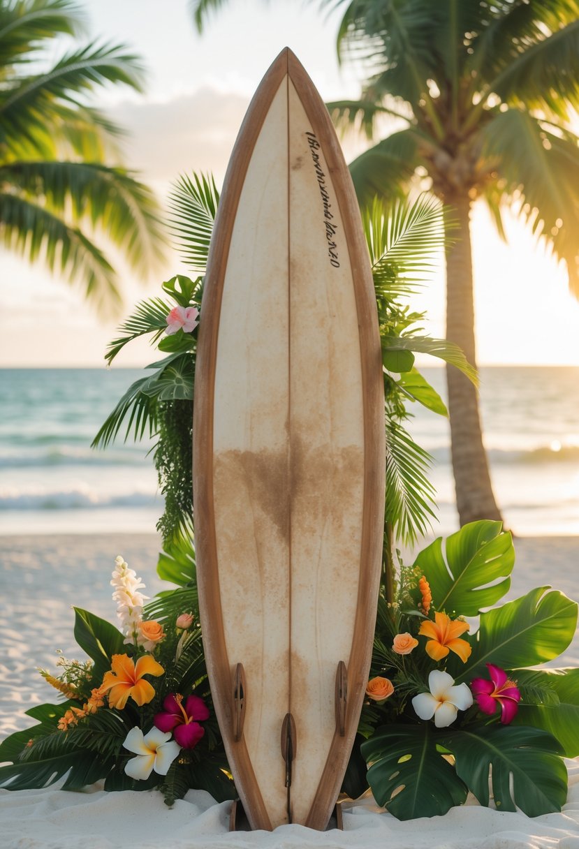 A vintage wooden surfboard surrounded by tropical plants and wedding decorations on a sunny Hawaiian beach.
