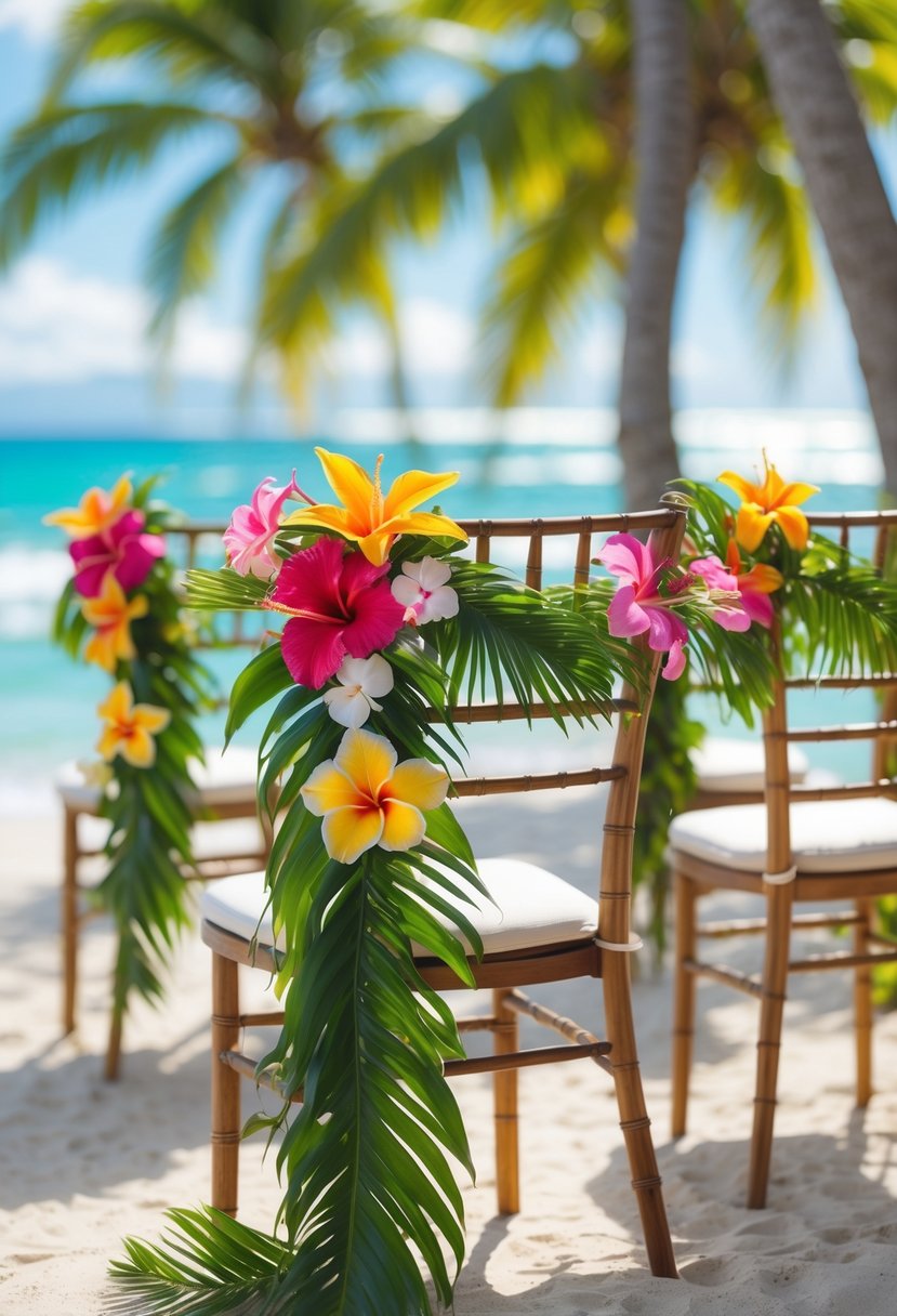 Wooden chairs outdoors decorated with colorful tropical flower garlands and palm trees in the background.