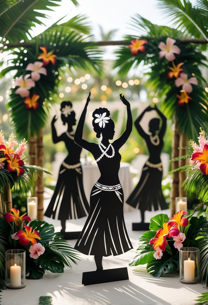 Silhouettes of hula dancers surrounded by tropical flowers and wedding decorations in an outdoor setting.