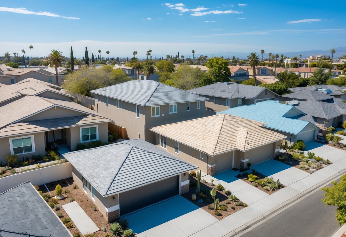 Several houses with different colored shingles under a sunny sky in a residential neighborhood with trees and clear weather.