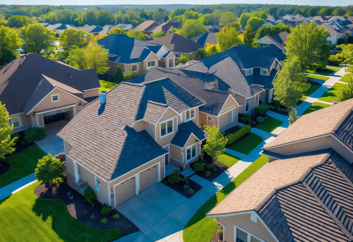 A sunny suburban neighborhood showing houses with various shingle colors on their roofs surrounded by trees and lawns.