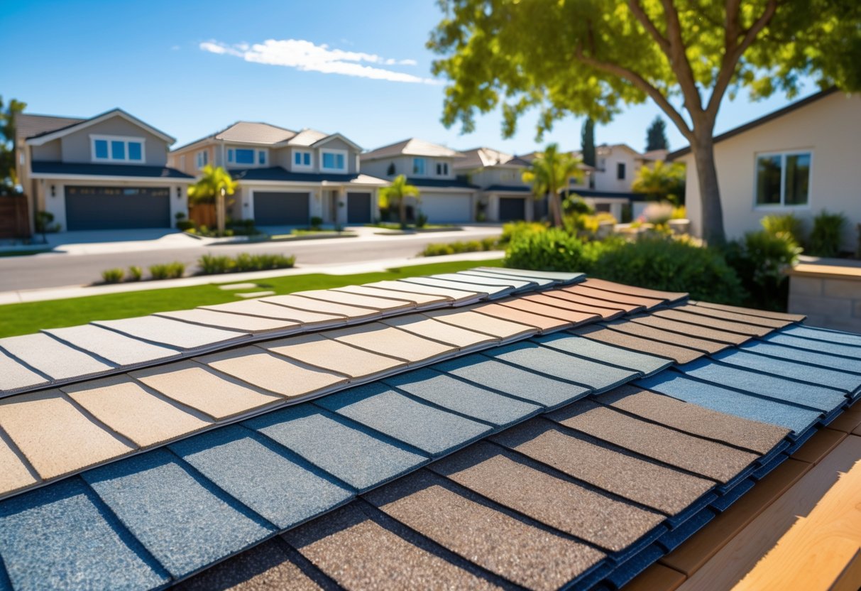 A variety of roofing shingles in different colors displayed on a wooden table with houses and trees in the background under a clear blue sky.
