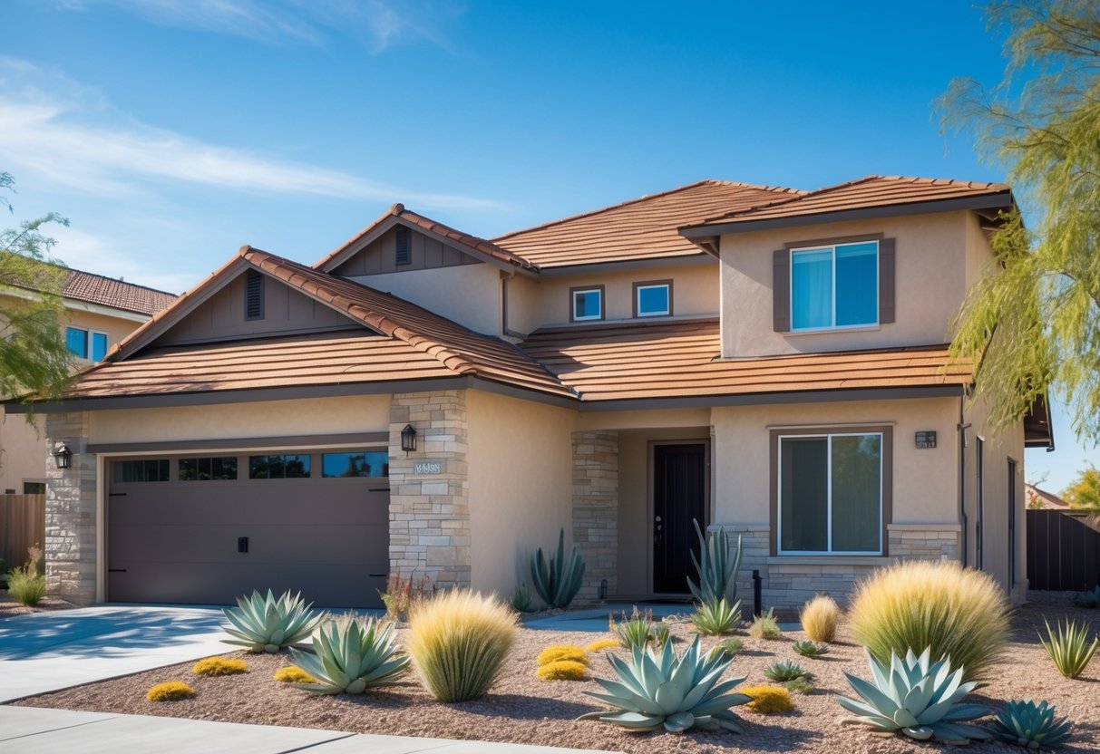 A modern suburban house with earth-toned shingles and light beige exterior walls surrounded by drought-tolerant plants under a bright sunny sky.