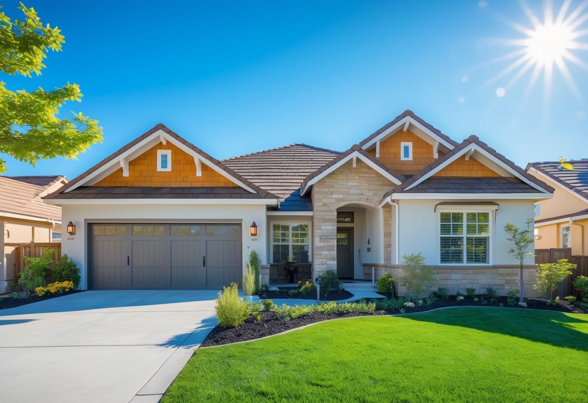 A modern suburban house with a colorful roof and a well-kept front yard under a bright blue sky.
