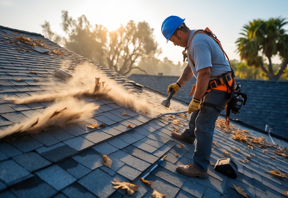 A roofer inspects a shingle roof with some damage while strong winds blow dust and leaves around a residential area.