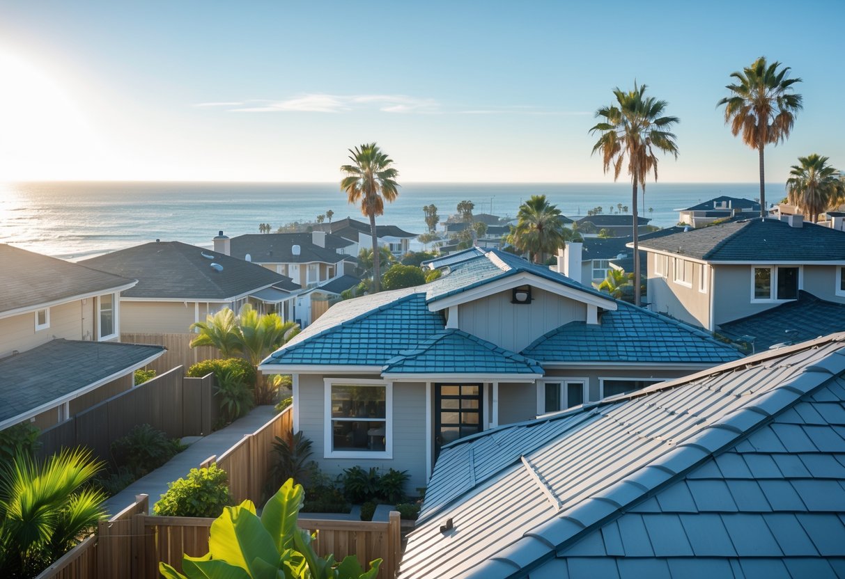A coastal neighborhood with modern roofs near the ocean, palm trees, and clear blue sky.