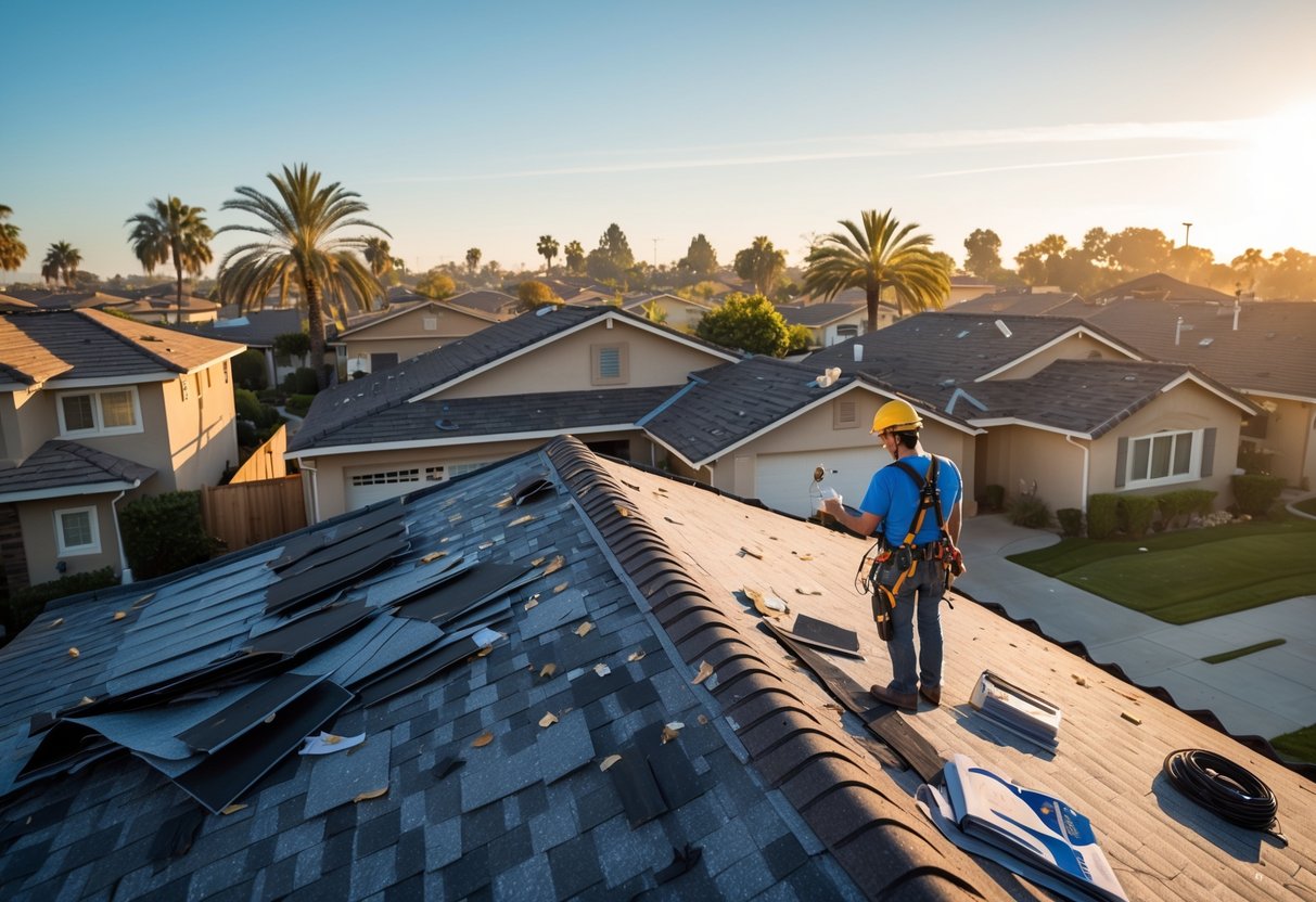 A suburban neighborhood with roofs showing wind damage, a roofing professional inspecting a damaged roof, and trees bending slightly in the wind.