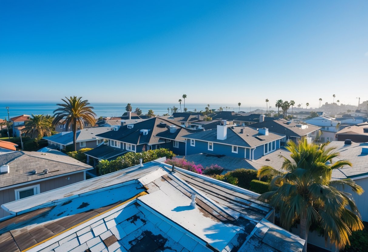 Rooftops of residential houses near the coast with palm trees and the ocean visible in the background.