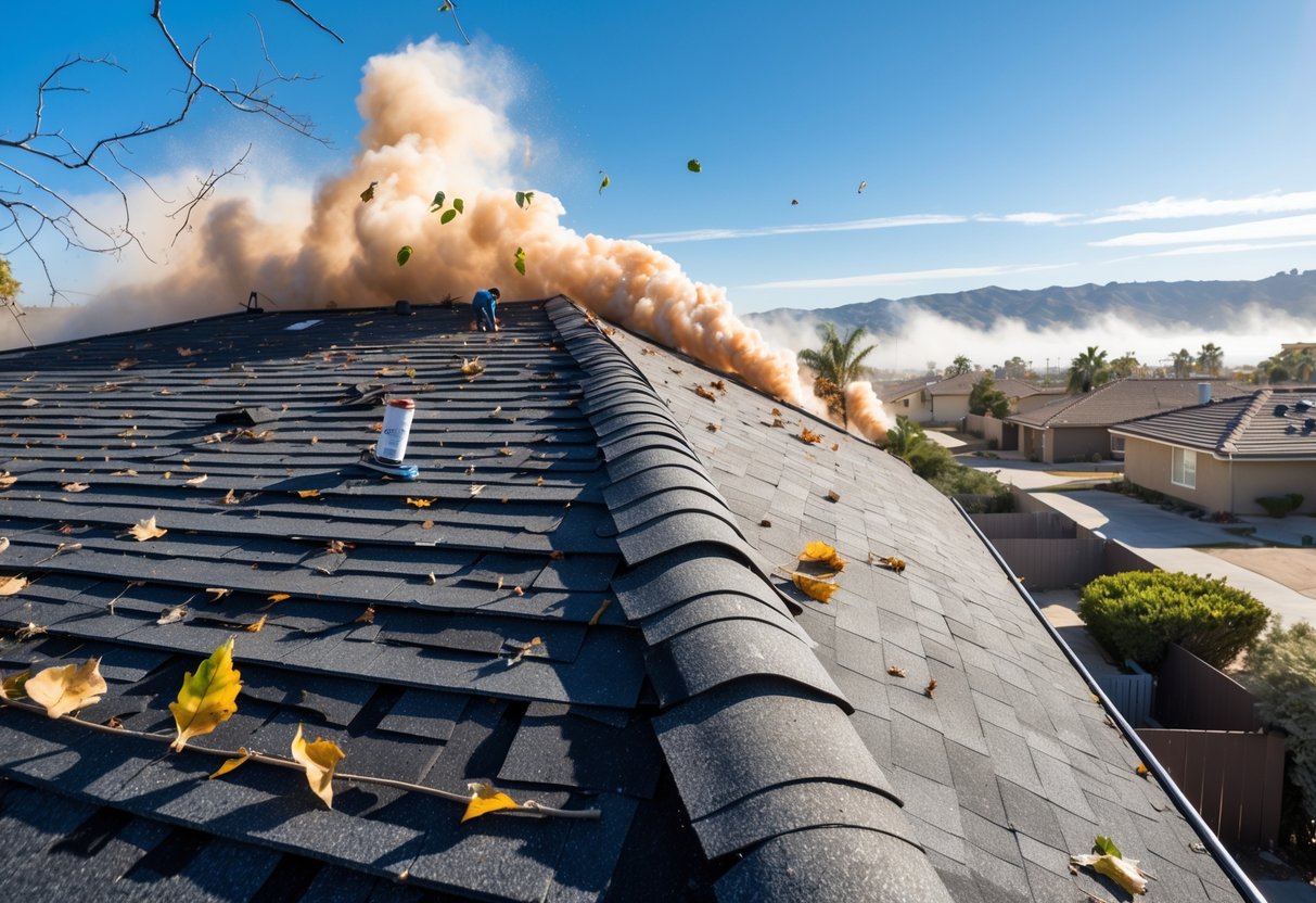 A person inspecting a residential roof with some damaged shingles while strong dry winds blow leaves and debris across the rooftop.
