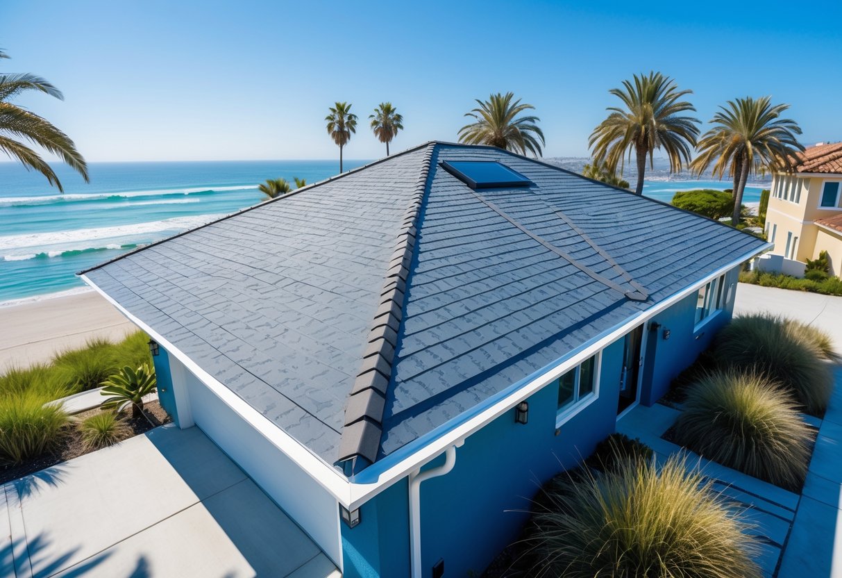 A coastal home with a durable roof overlooking the ocean and surrounded by palm trees and beach vegetation.