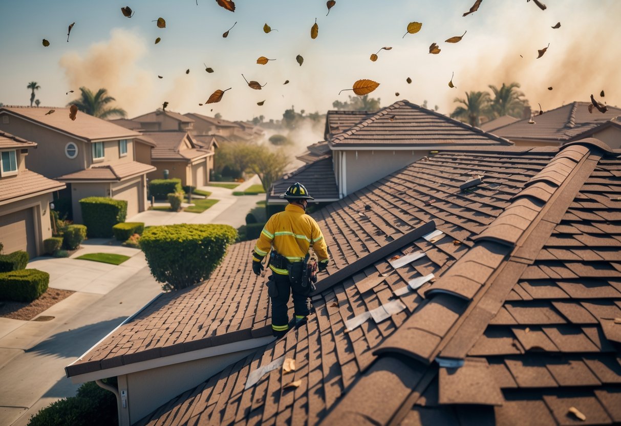 A suburban neighborhood with houses showing roofs under strong dry winds, a safety professional inspecting a roof amid swirling leaves and dust.