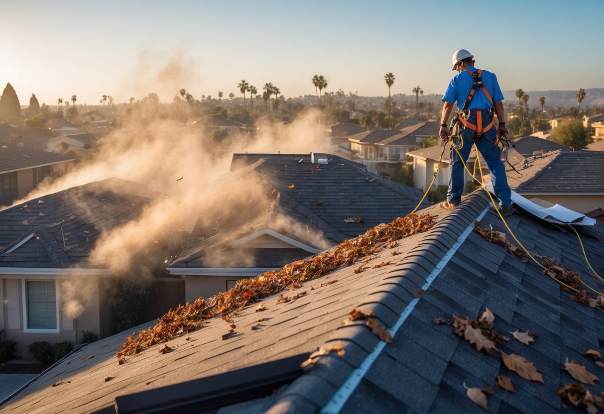 A neighborhood with rooftops affected by strong winds, showing a worker inspecting and repairing a roof under clear skies.