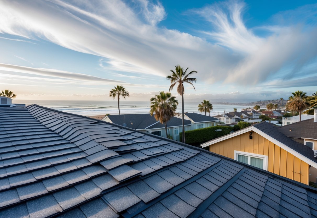A coastal neighborhood with houses featuring sturdy roofs, palm trees bending in the wind, and the ocean visible in the background.